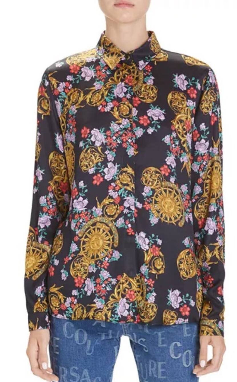 Versace Jeans Couture Button Down Sun Dial Floral Black Blouse W IT 36 US 0 NWT